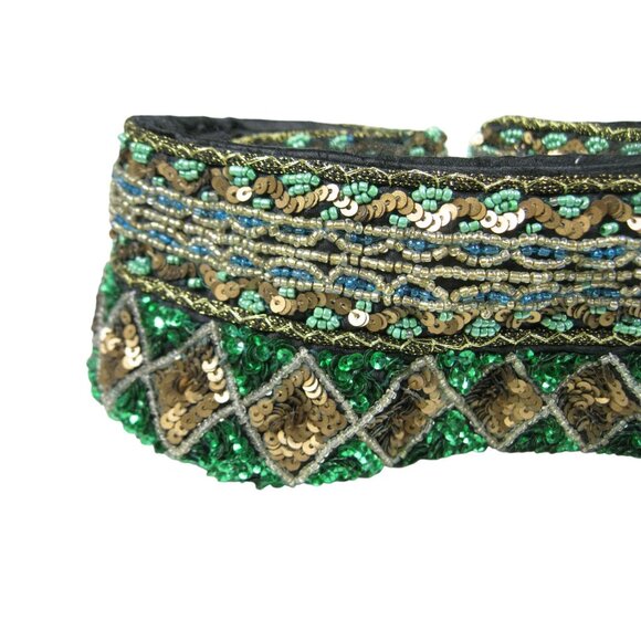 Vintage Emerald Beaded Sequin Belt Applique Statement Party Wide Boho Chic 37 in - Picture 13 of 15